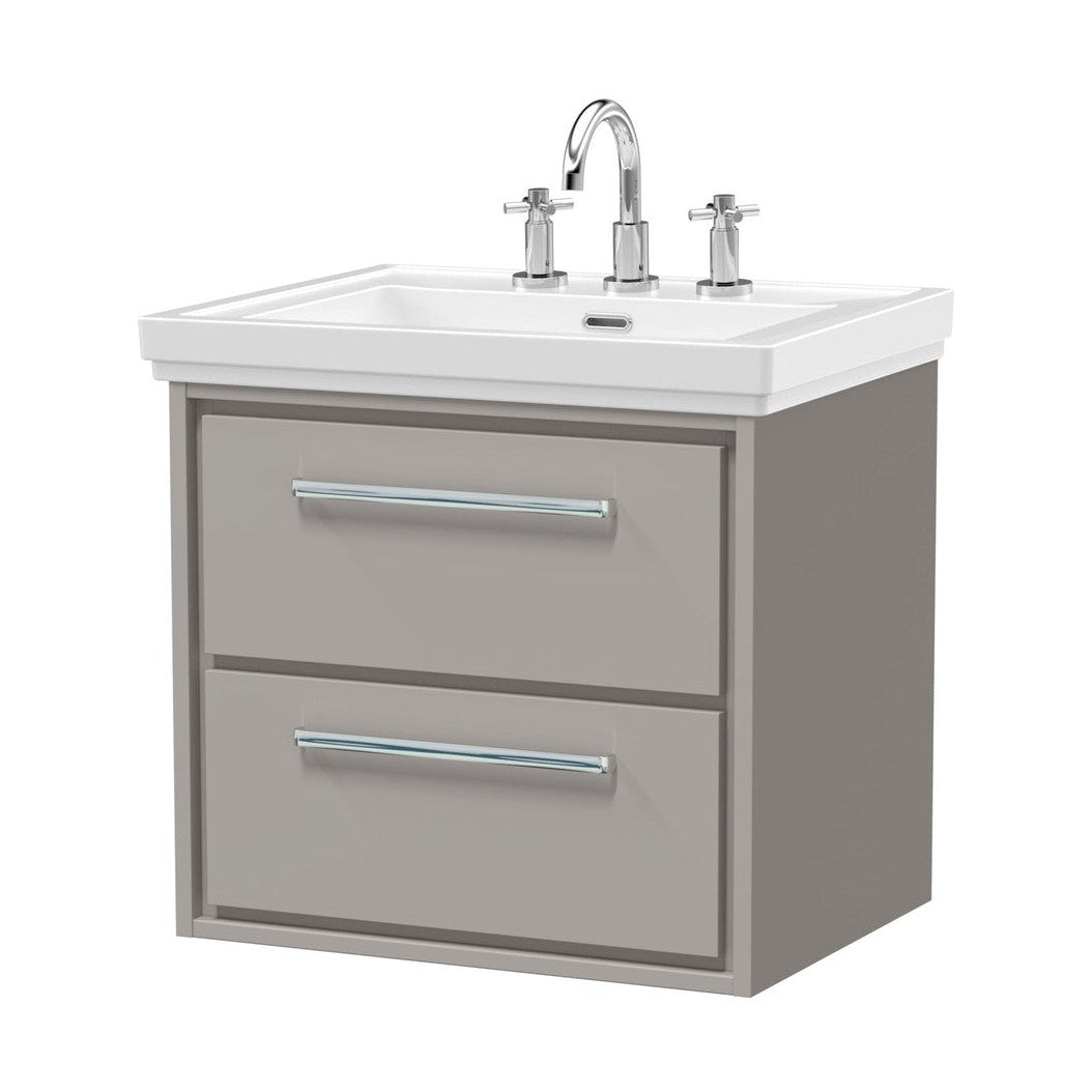 Hudson Reed Lille 600mm Wall Hung 2-drawer Vanity With Basin - 3 Tap Hole Contemp Pebble Grey Fireclay,MFC Smooth Matt 605x630x471mm - JJ Building Materials