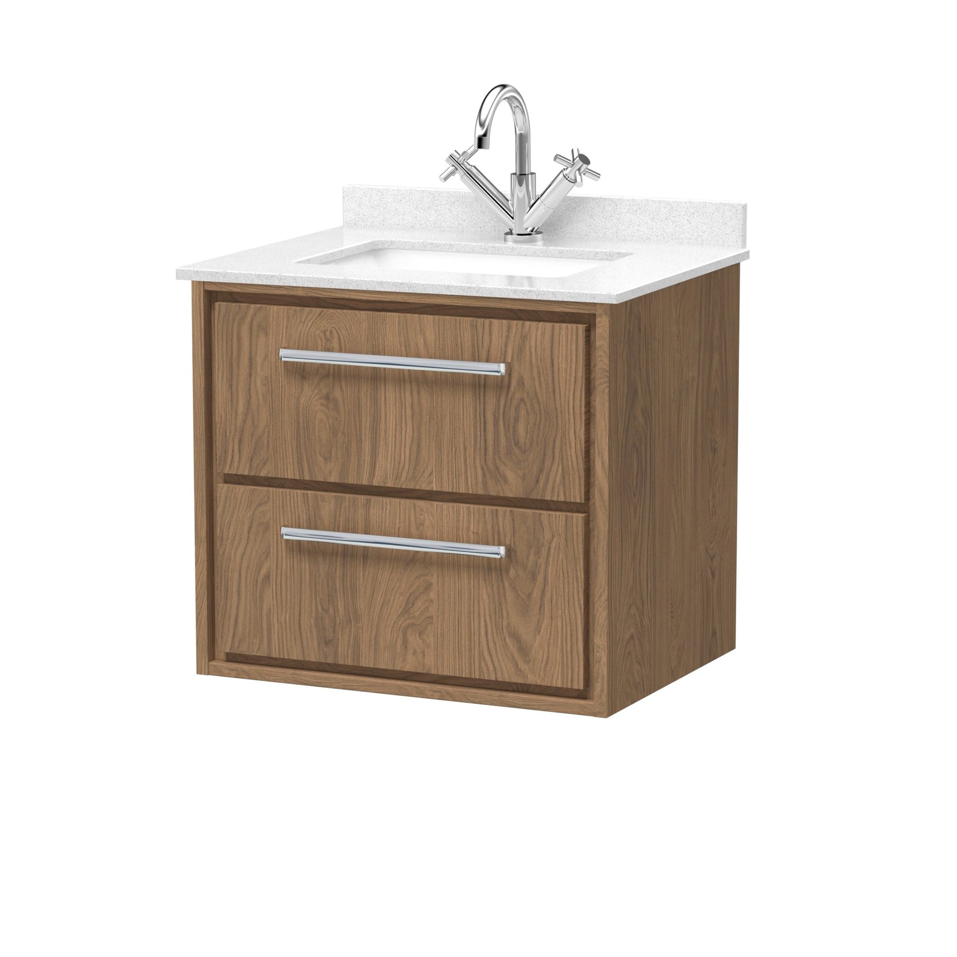 Hudson Reed Lille 600mm Wall Hung 2 - drawer Vanity With Marble Worktop Basin Contemp Antique Oak MFC Textured Woodgrain,vitreous China 617x620x470mm - JJ Building Materials