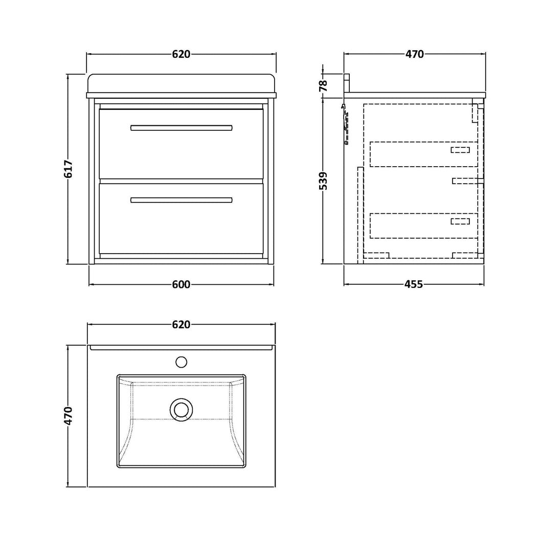 Hudson Reed Lille 600mm Wall Hung 2-drawer Vanity With Marble Worktop Basin Contemp Antique Oak MFC Textured Woodgrain,vitreous China 617x620x470mm - JJ Building Materials