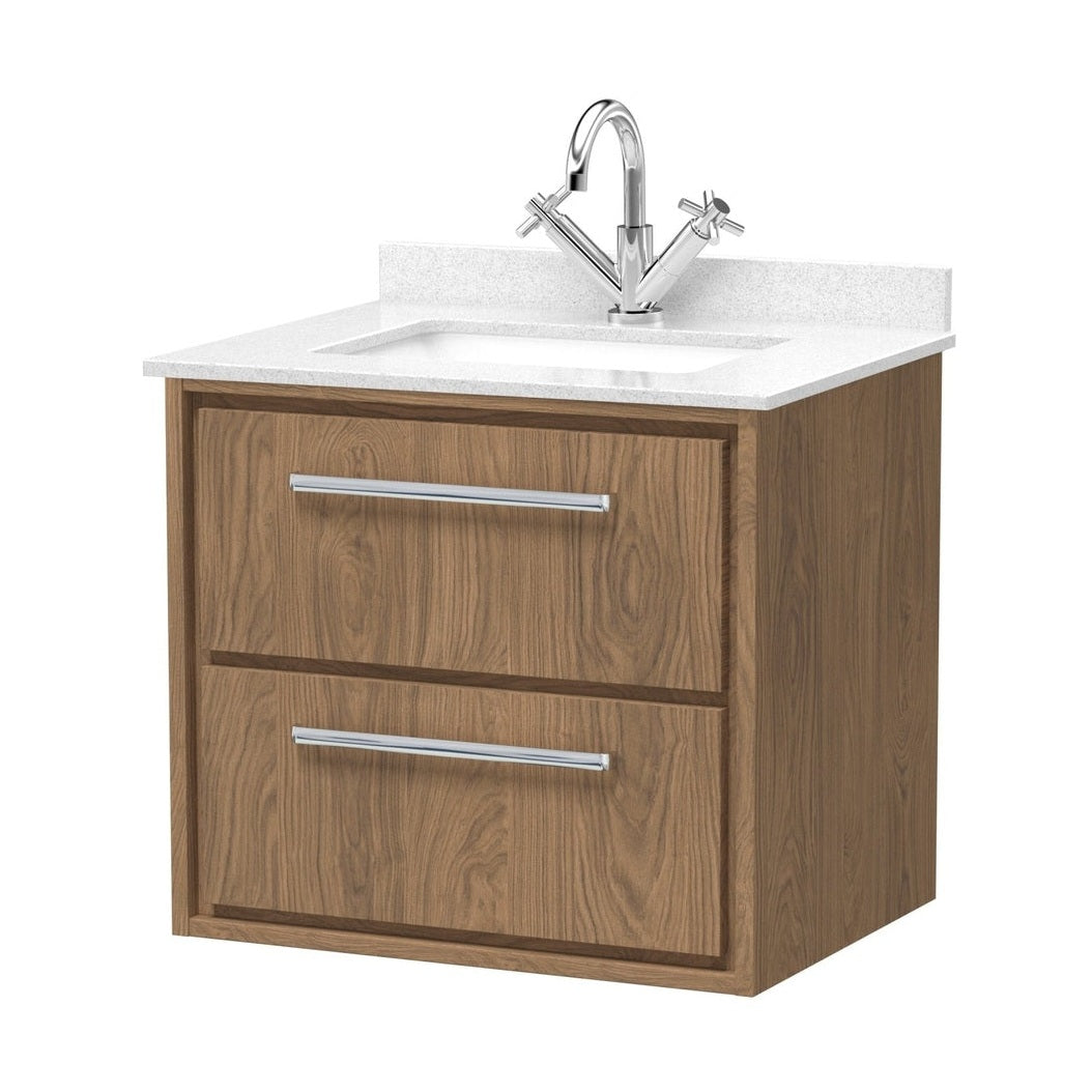 Hudson Reed Lille 600mm Wall Hung 2-drawer Vanity With Marble Worktop Basin Contemp Antique Oak MFC Textured Woodgrain,vitreous China 617x620x470mm - JJ Building Materials