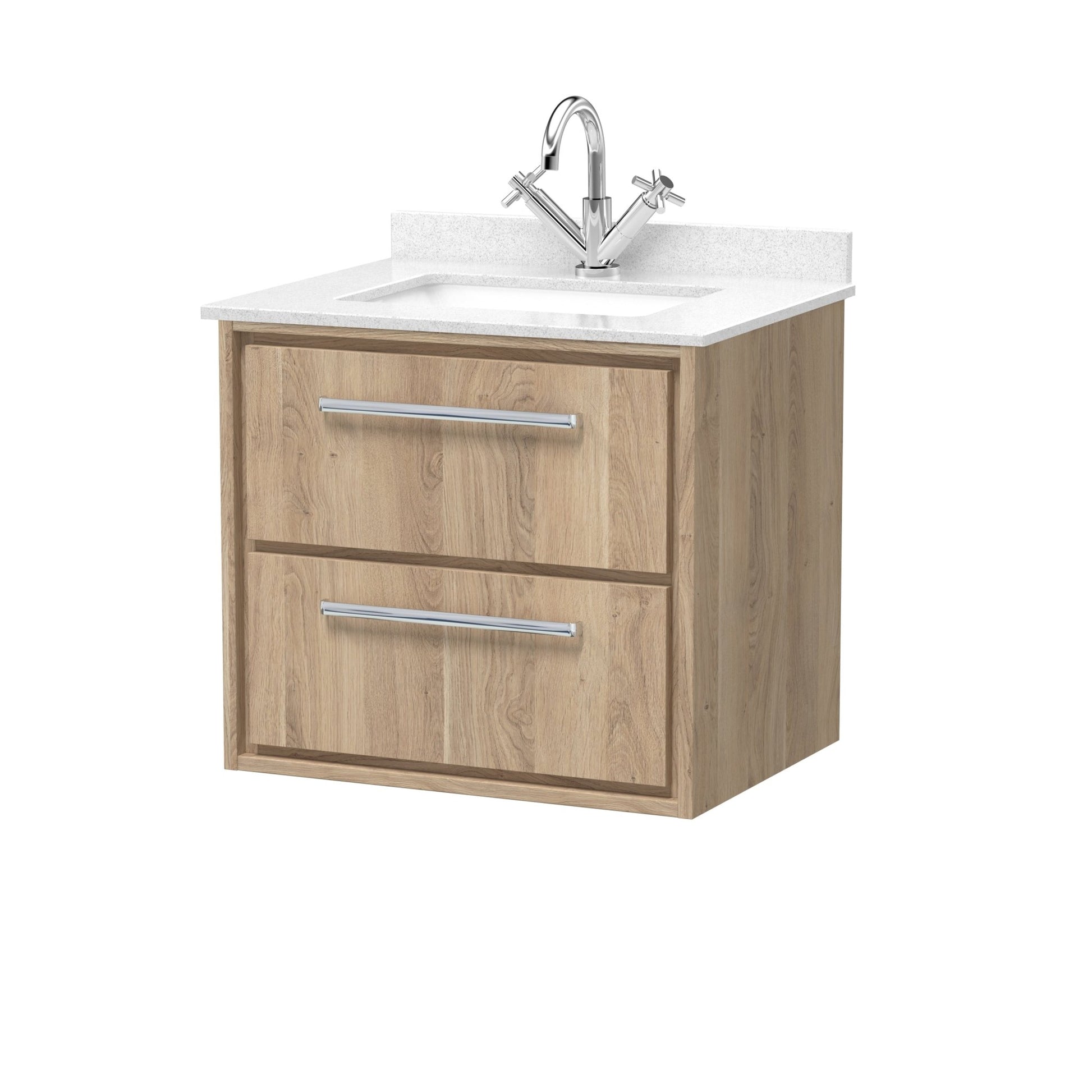 Hudson Reed Lille 600mm Wall Hung 2 - drawer Vanity With Marble Worktop Basin Contemp Bleached Oak MFC Textured Woodgrain,vitreous China 617x620x470mm - JJ Building Materials