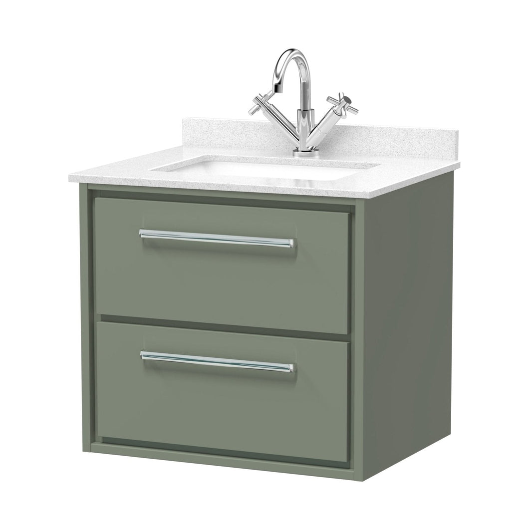 Hudson Reed Lille 600mm Wall Hung 2-drawer Vanity With Marble Worktop Basin Contemp Fern Green MFC Smooth Matt,vitreous China 617x620x470mm - JJ Building Materials