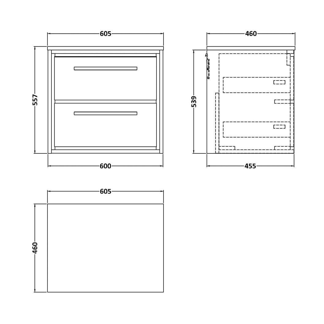 Hudson Reed Lille 600mm Wall Hung 2-drawer Vanity With Worktop Contemp Antique Oak MFC Textured Woodgrain 557x605x460mm - JJ Building Materials
