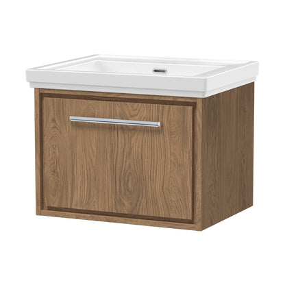 Hudson Reed Lille 600mm Wall Hung Single Drawer Vanity With Basin - 0 Tap Hole Contemp Antique Oak Fireclay,MFC Textured Woodgrain 497x630x471mm - JJ Building Materials