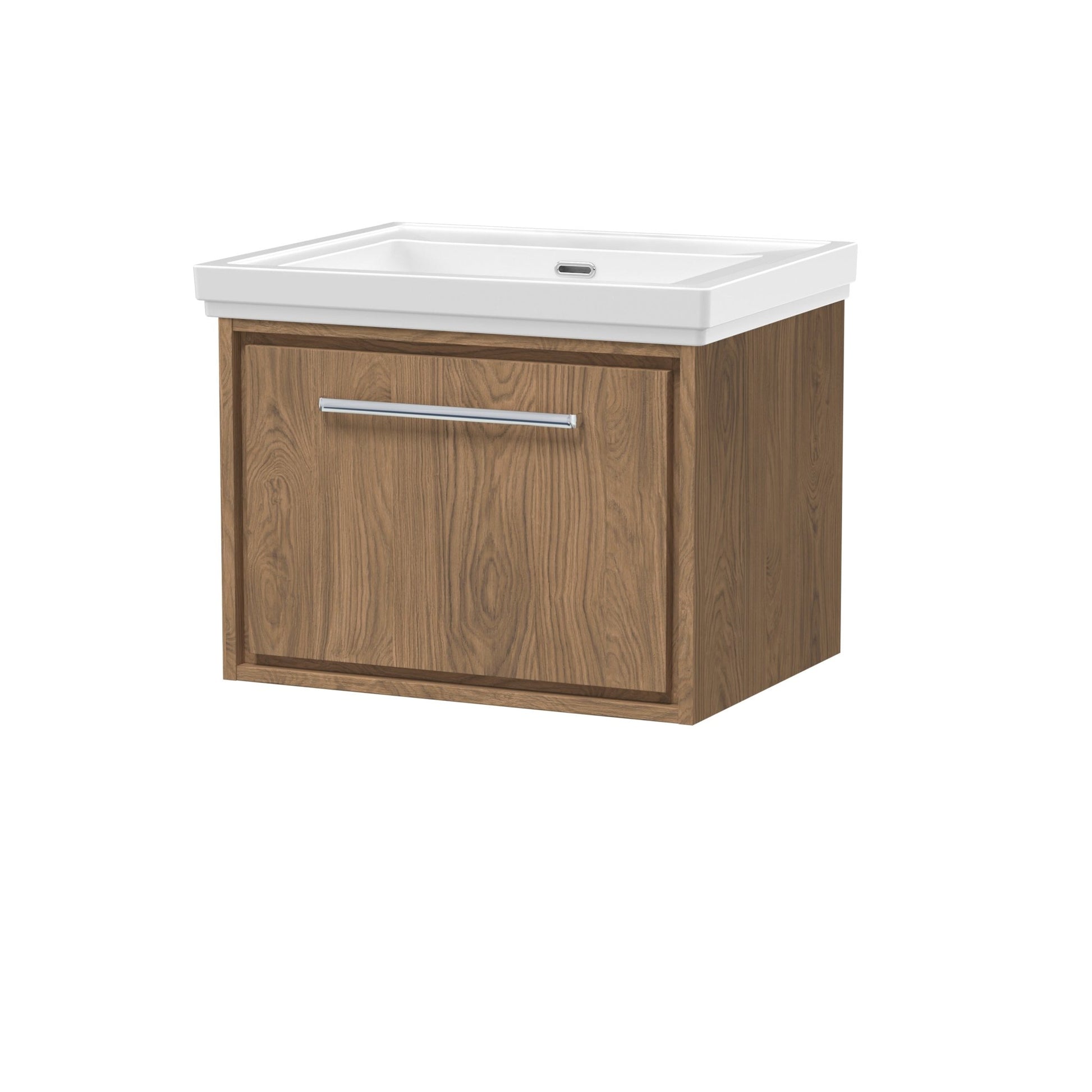 Hudson Reed Lille 600mm Wall Hung Single Drawer Vanity With Basin - 0 Tap Hole Contemp Antique Oak Fireclay,MFC Textured Woodgrain 497x630x471mm - JJ Building Materials