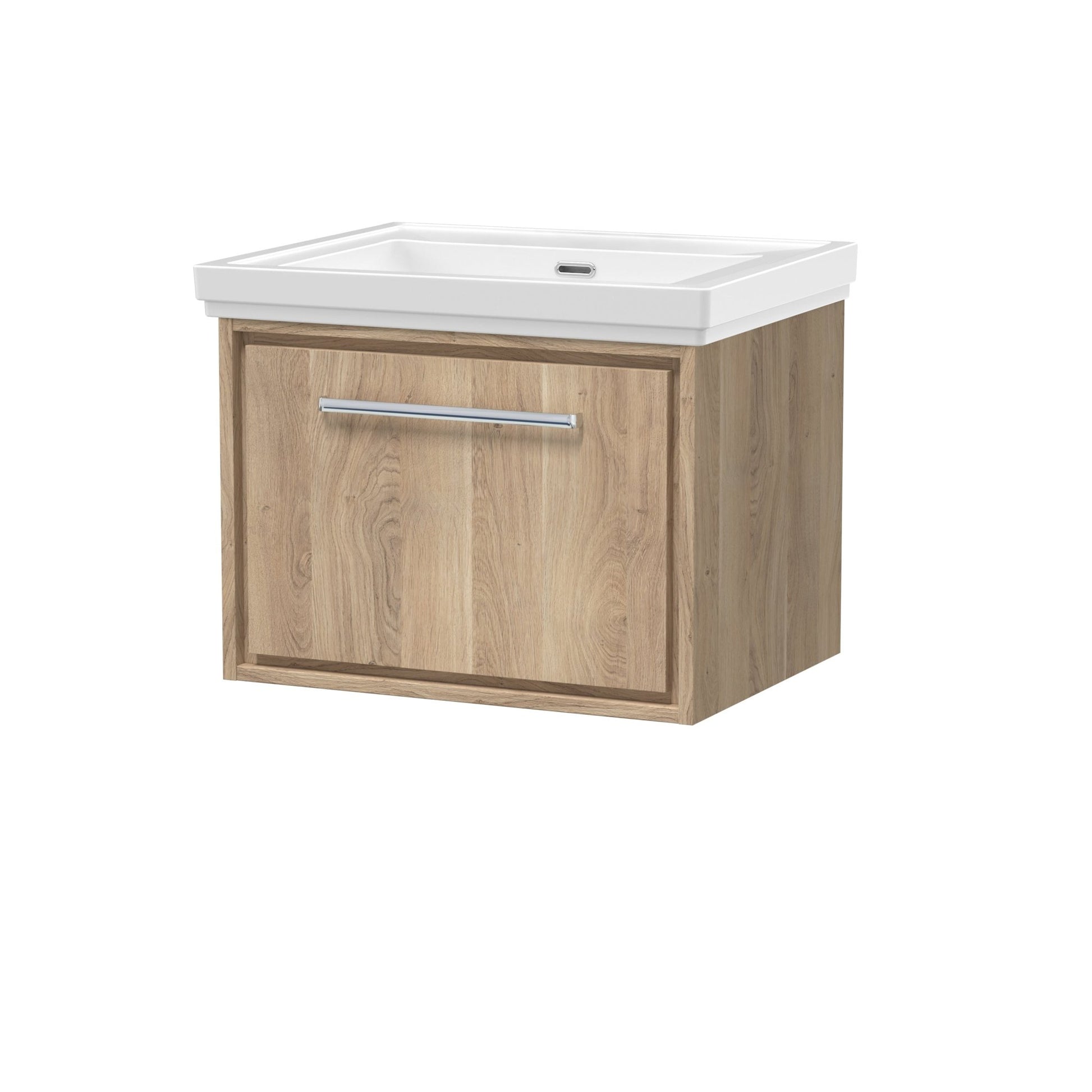 Hudson Reed Lille 600mm Wall Hung Single Drawer Vanity With Basin - 0 Tap Hole Contemp Bleached Oak Fireclay,MFC Textured Woodgrain 497x630x471mm - JJ Building Materials