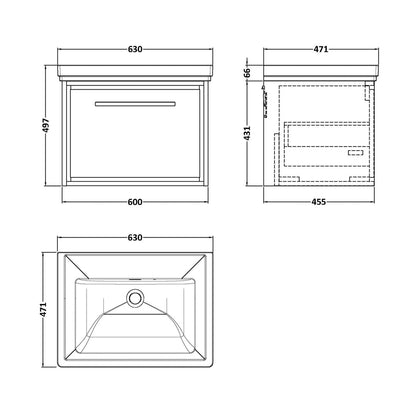 Hudson Reed Lille 600mm Wall Hung Single Drawer Vanity With Basin - 0 Tap Hole Contemp Bleached Oak Fireclay,MFC Textured Woodgrain 497x630x471mm - JJ Building Materials