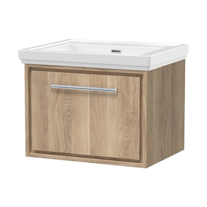 Hudson Reed Lille 600mm Wall Hung Single Drawer Vanity With Basin - 0 Tap Hole Contemp Bleached Oak Fireclay,MFC Textured Woodgrain 497x630x471mm - JJ Building Materials