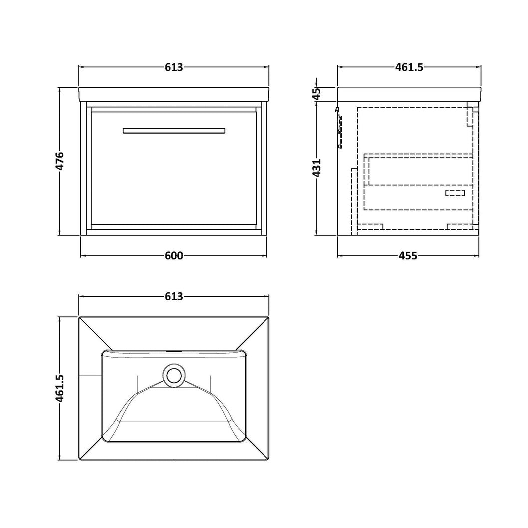 Hudson Reed Lille 600mm Wall Hung Single Drawer Vanity With Basin - 0 Tap Hole Contemp Graphite Grey Woodgrain Fireclay,MFC Textured Woodgrain 476x613x462mm - JJ Building Materials