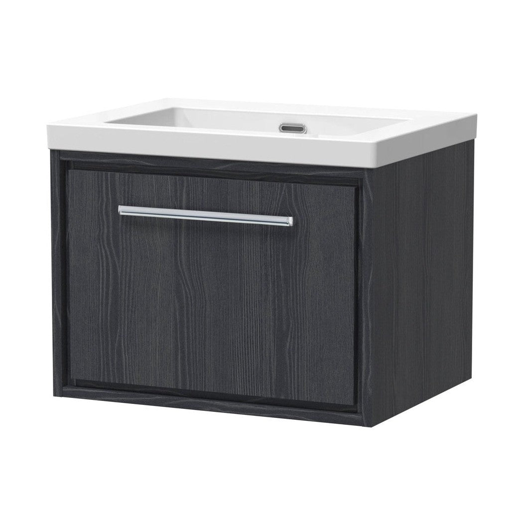 Hudson Reed Lille 600mm Wall Hung Single Drawer Vanity With Basin - 0 Tap Hole Contemp Graphite Grey Woodgrain Fireclay,MFC Textured Woodgrain 476x613x462mm - JJ Building Materials