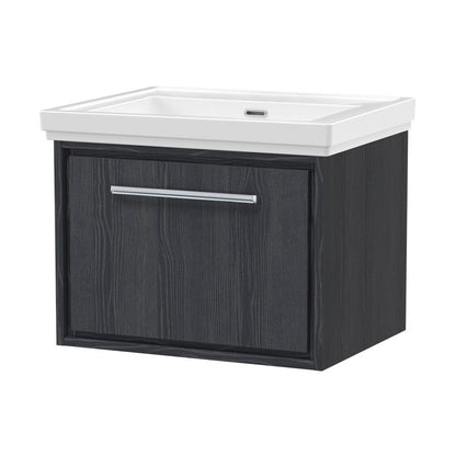 Hudson Reed Lille 600mm Wall Hung Single Drawer Vanity With Basin - 0 Tap Hole Contemp Graphite Grey Woodgrain Fireclay,MFC Textured Woodgrain 497x630x471mm - JJ Building Materials