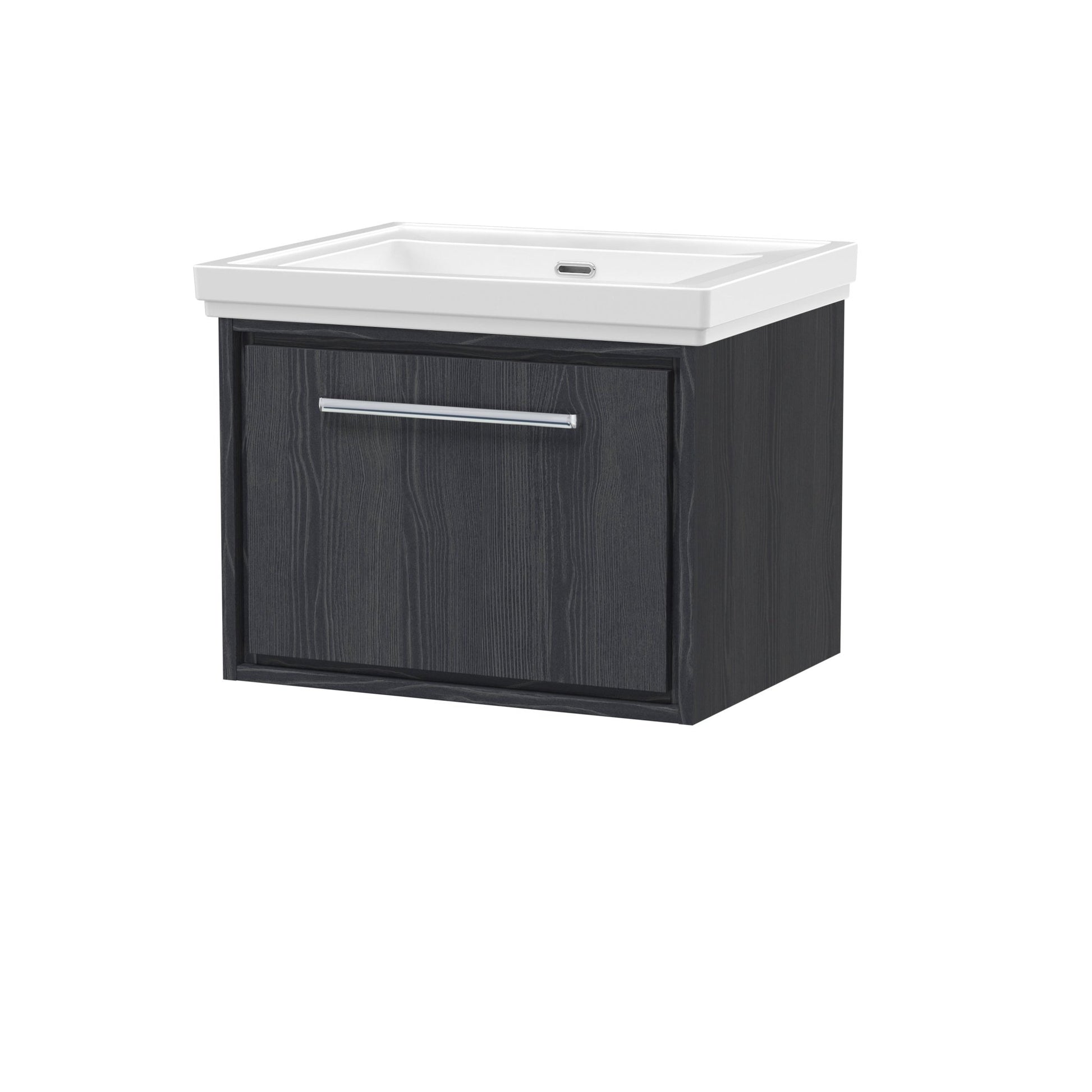 Hudson Reed Lille 600mm Wall Hung Single Drawer Vanity With Basin - 0 Tap Hole Contemp Graphite Grey Woodgrain Fireclay,MFC Textured Woodgrain 497x630x471mm - JJ Building Materials