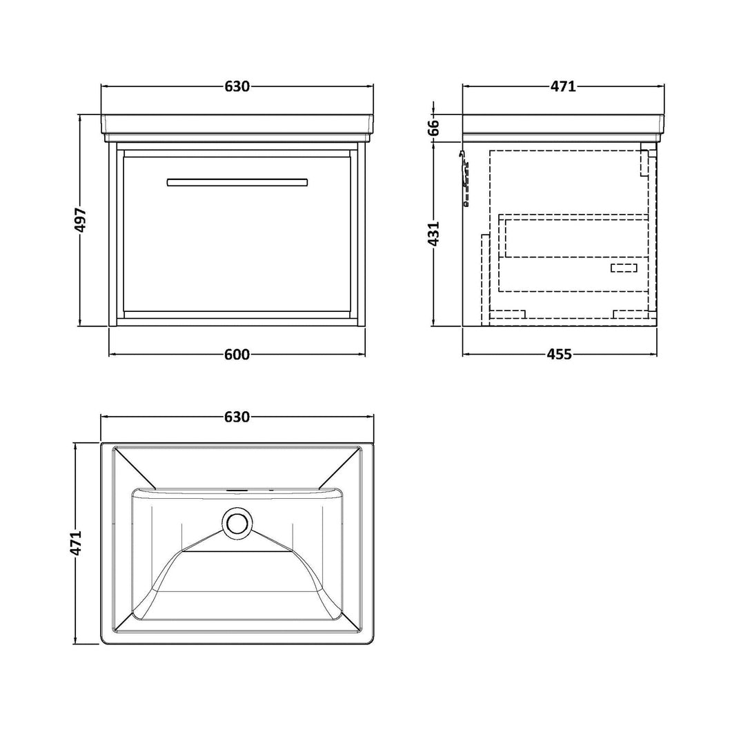 Hudson Reed Lille 600mm Wall Hung Single Drawer Vanity With Basin - 0 Tap Hole Contemp Graphite Grey Woodgrain Fireclay,MFC Textured Woodgrain 497x630x471mm - JJ Building Materials