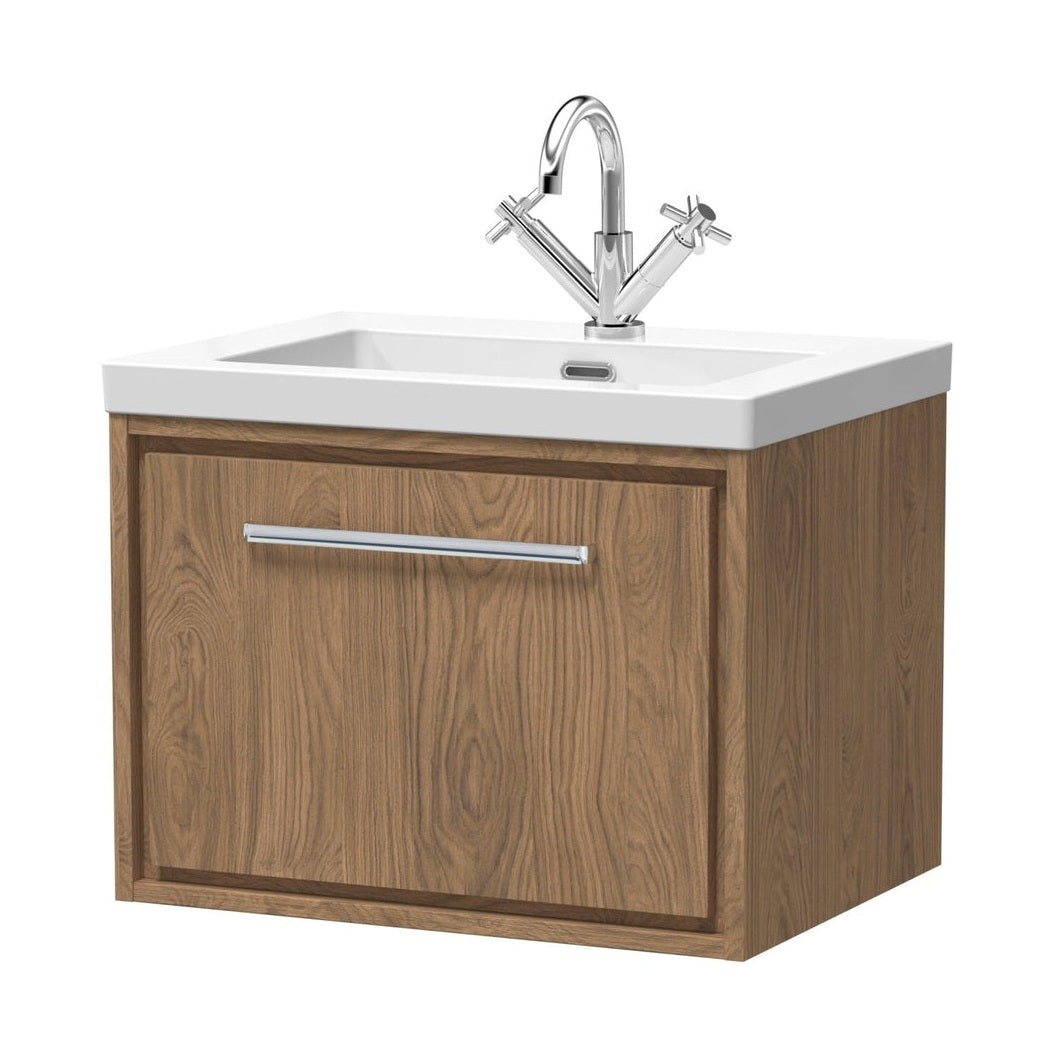Hudson Reed Lille 600mm Wall Hung Single Drawer Vanity With Basin - 1 Tap Hole Contemp Antique Oak Fireclay,MFC Textured Woodgrain 476x613x462mm - JJ Building Materials