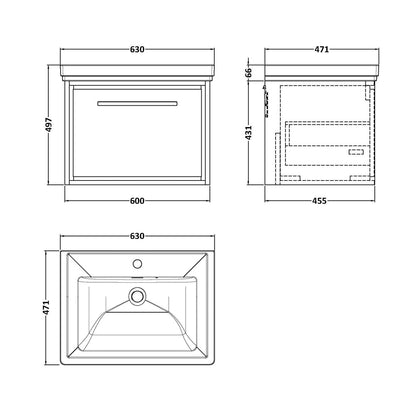 Hudson Reed Lille 600mm Wall Hung Single Drawer Vanity With Basin - 1 Tap Hole Contemp Antique Oak Fireclay,MFC Textured Woodgrain 497x630x471mm - JJ Building Materials