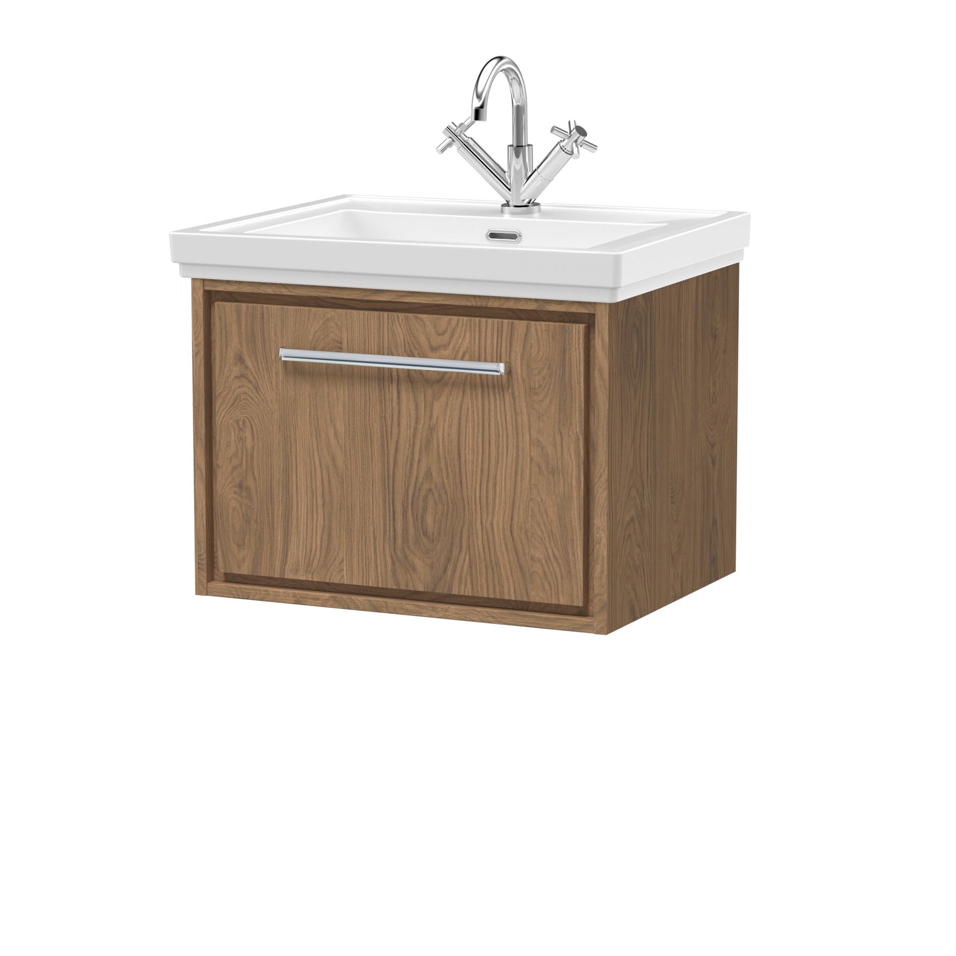 Hudson Reed Lille 600mm Wall Hung Single Drawer Vanity With Basin - 1 Tap Hole Contemp Antique Oak Fireclay,MFC Textured Woodgrain 497x630x471mm - JJ Building Materials