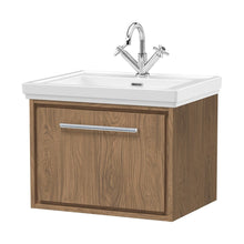 Hudson Reed Lille 600mm Wall Hung Single Drawer Vanity With Basin - 1 Tap Hole Contemp Antique Oak Fireclay,MFC Textured Woodgrain 497x630x471mm - JJ Building Materials