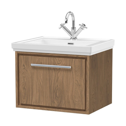 Hudson Reed Lille 600mm Wall Hung Single Drawer Vanity With Basin - 1 Tap Hole Contemp Antique Oak Fireclay,MFC Textured Woodgrain 497x630x471mm - JJ Building Materials