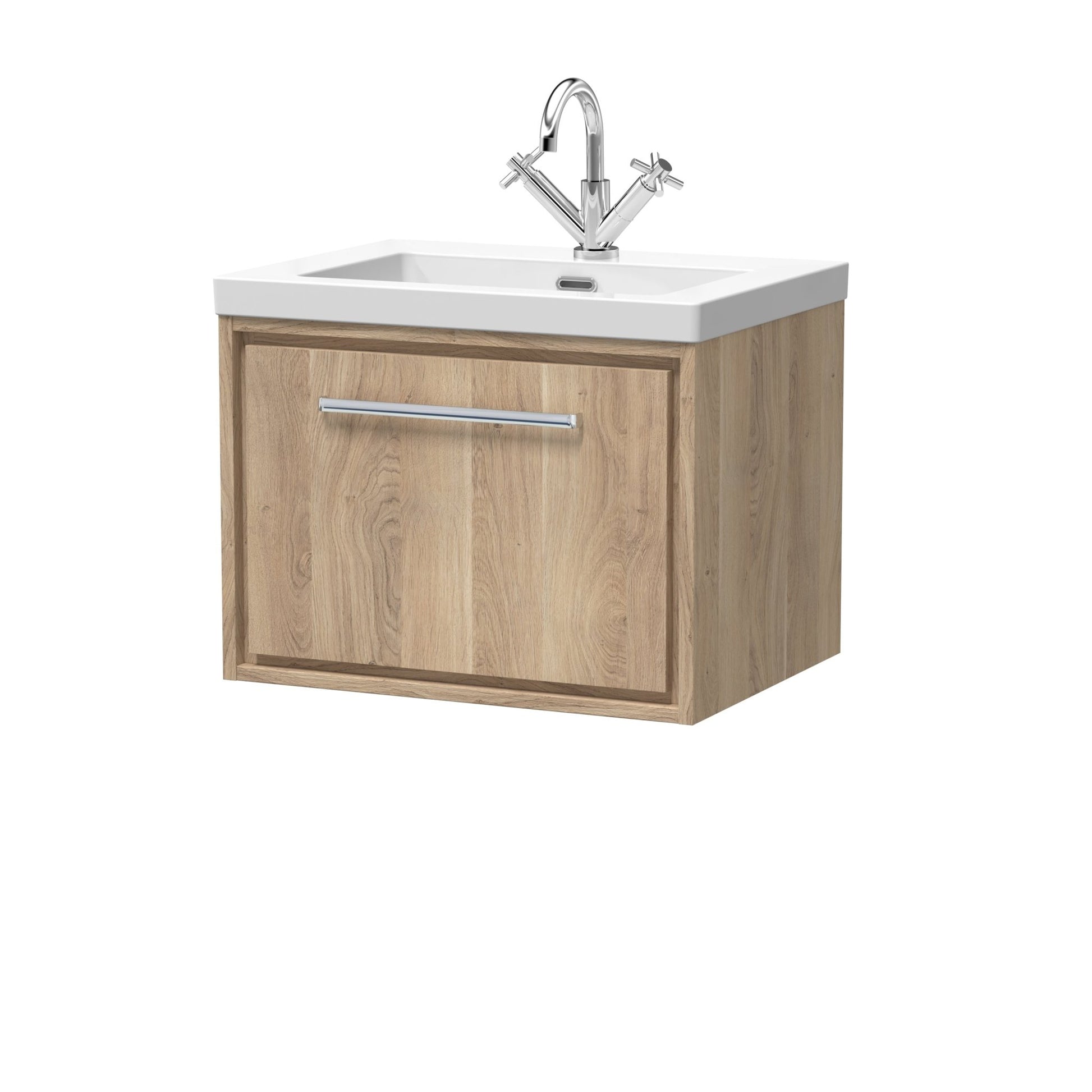 Hudson Reed Lille 600mm Wall Hung Single Drawer Vanity With Basin - 1 Tap Hole Contemp Bleached Oak Fireclay,MFC Textured Woodgrain 476x613x462mm - JJ Building Materials