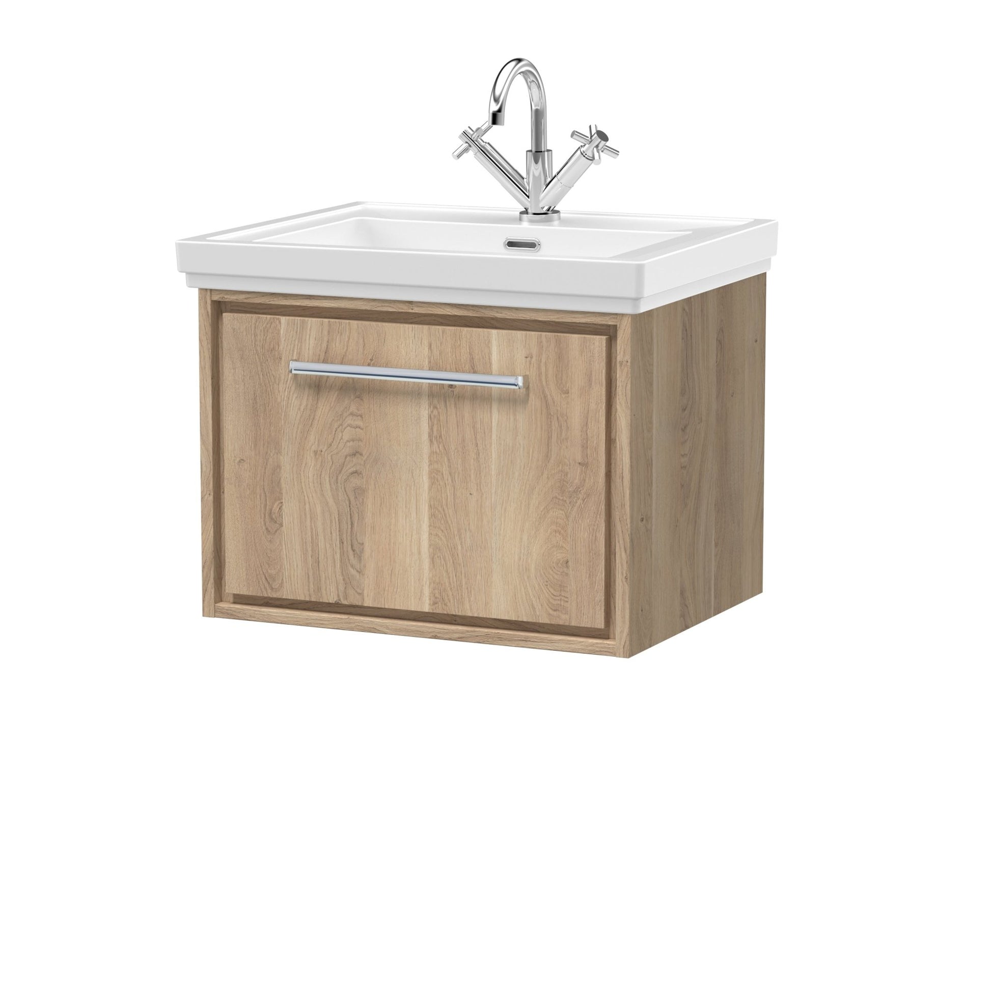 Hudson Reed Lille 600mm Wall Hung Single Drawer Vanity With Basin - 1 Tap Hole Contemp Bleached Oak Fireclay,MFC Textured Woodgrain 497x630x471mm - JJ Building Materials
