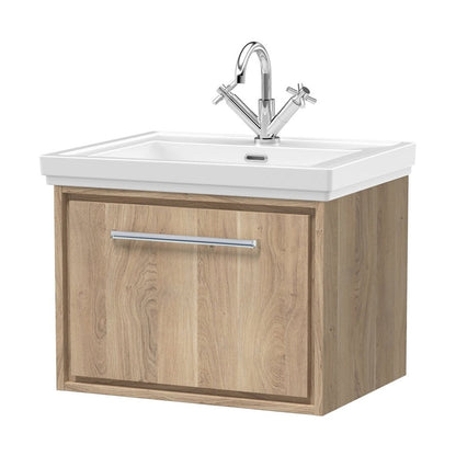 Hudson Reed Lille 600mm Wall Hung Single Drawer Vanity With Basin - 1 Tap Hole Contemp Bleached Oak Fireclay,MFC Textured Woodgrain 497x630x471mm - JJ Building Materials