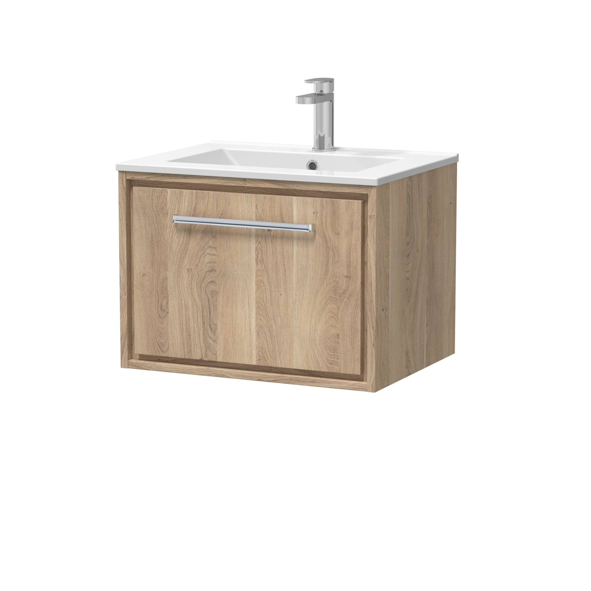 Hudson Reed Lille 600mm Wall Hung Single Drawer Vanity With Basin - 1 Tap Hole Contemp Bleached Oak MFC Textured Woodgrain,vitreous China 449x605x460mm - JJ Building Materials