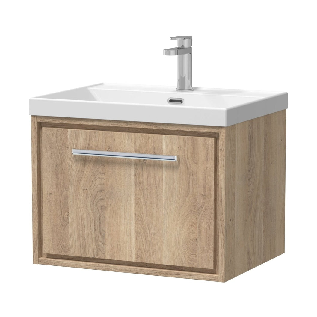 Hudson Reed Lille 600mm Wall Hung Single Drawer Vanity With Basin - 1 Tap Hole Contemp Bleached Oak MFC Textured Woodgrain,vitreous China 481x610x460mm - JJ Building Materials