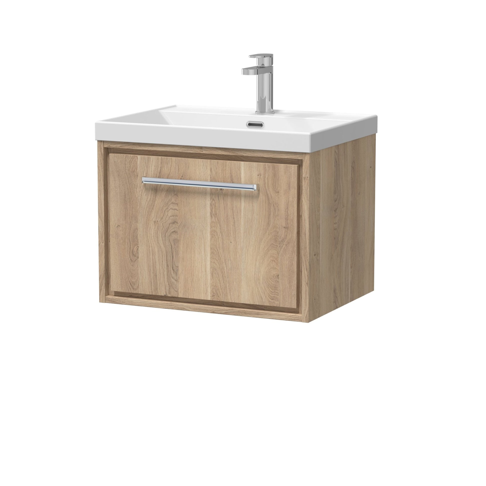 Hudson Reed Lille 600mm Wall Hung Single Drawer Vanity With Basin - 1 Tap Hole Contemp Bleached Oak MFC Textured Woodgrain,vitreous China 481x610x460mm - JJ Building Materials