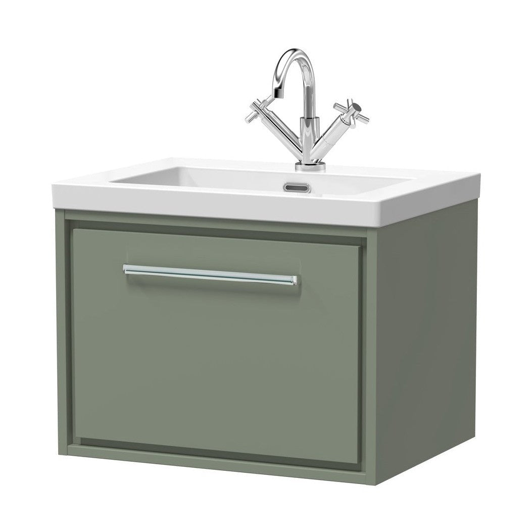 Hudson Reed Lille 600mm Wall Hung Single Drawer Vanity With Basin - 1 Tap Hole Contemp Fern Green Fireclay,MFC Smooth Matt 476x613x462mm - JJ Building Materials