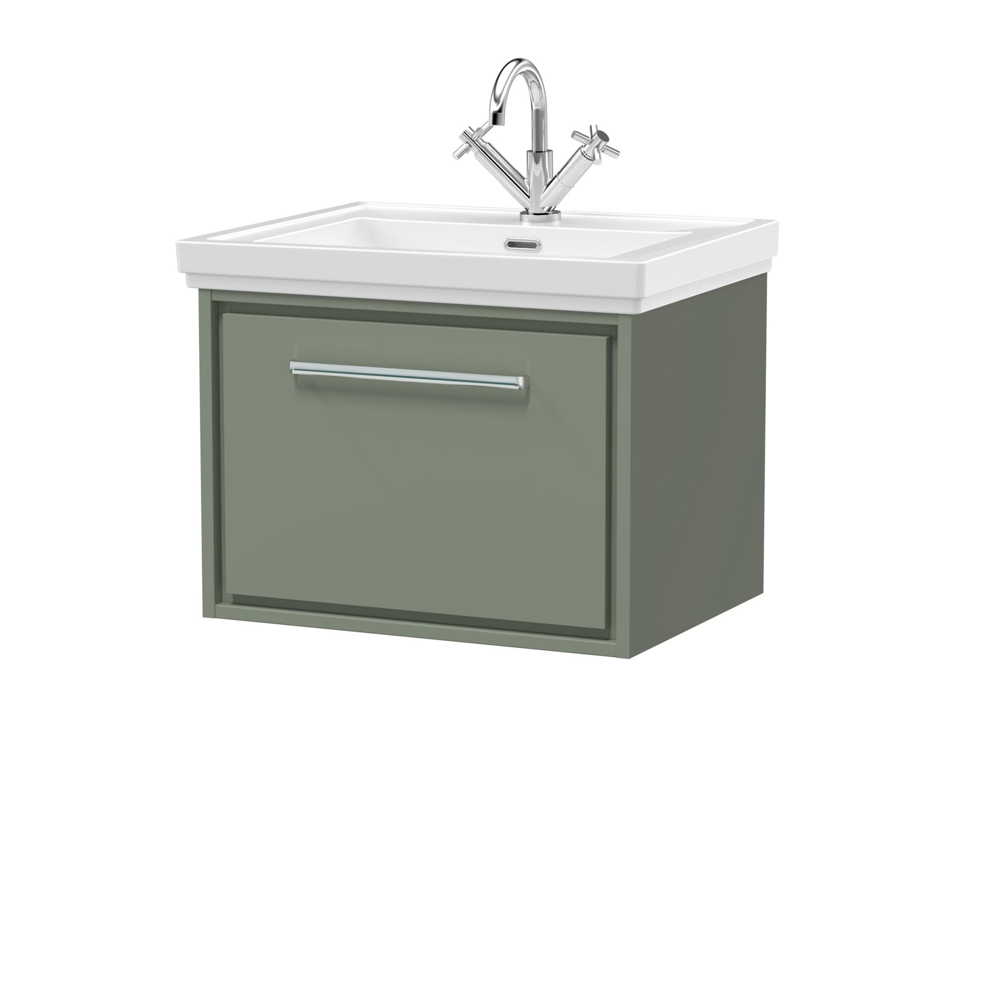 Hudson Reed Lille 600mm Wall Hung Single Drawer Vanity With Basin - 1 Tap Hole Contemp Fern Green Fireclay,MFC Smooth Matt 497x630x471mm - JJ Building Materials