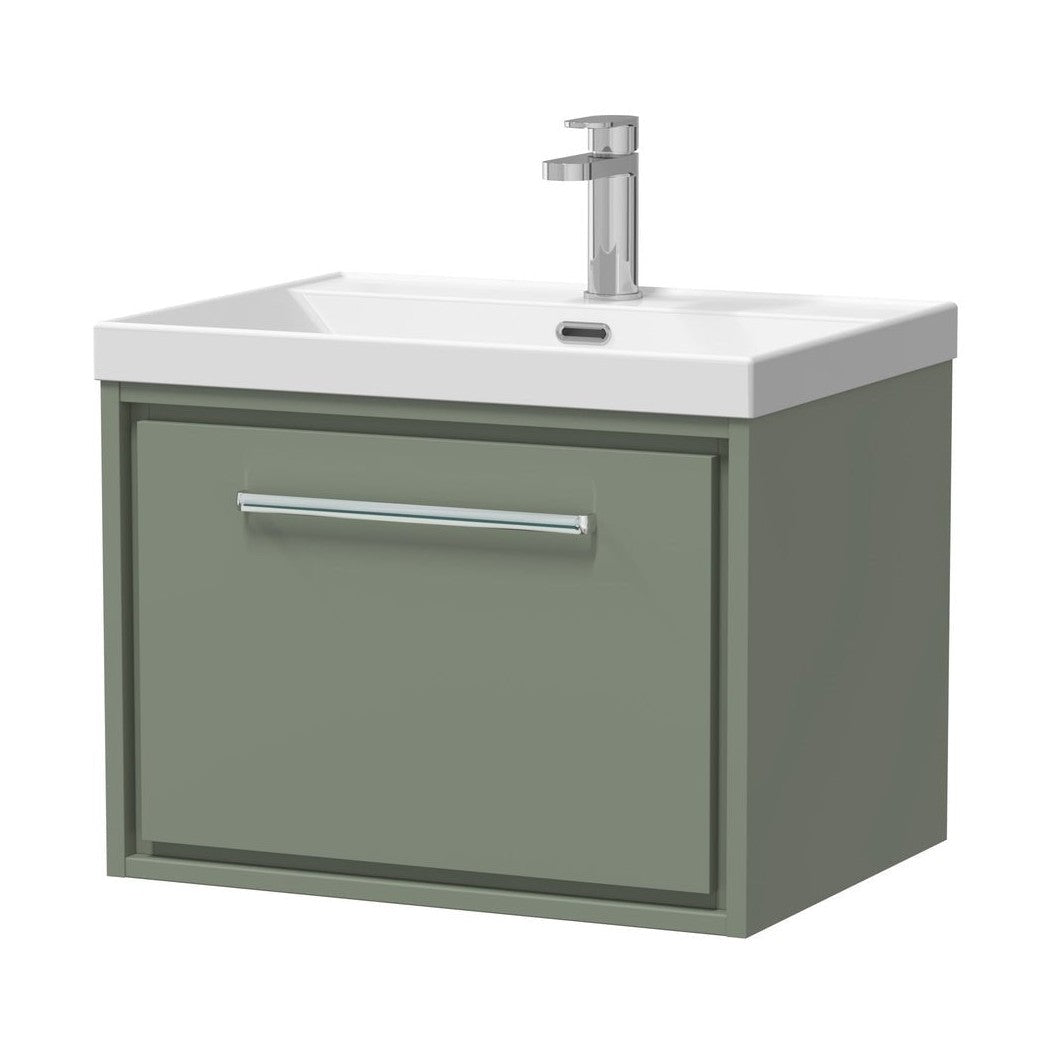 Hudson Reed Lille 600mm Wall Hung Single Drawer Vanity With Basin - 1 Tap Hole Contemp Fern Green MFC Smooth Matt,vitreous China 481x610x460mm - JJ Building Materials
