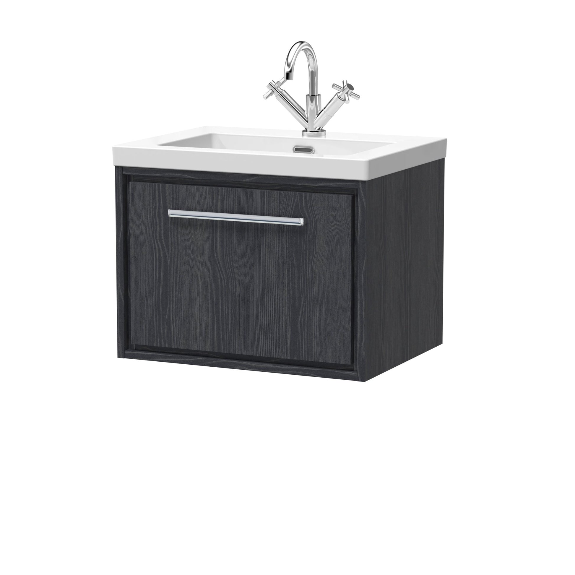 Hudson Reed Lille 600mm Wall Hung Single Drawer Vanity With Basin - 1 Tap Hole Contemp Graphite Grey Woodgrain Fireclay,MFC Textured Woodgrain 476x613x462mm - JJ Building Materials