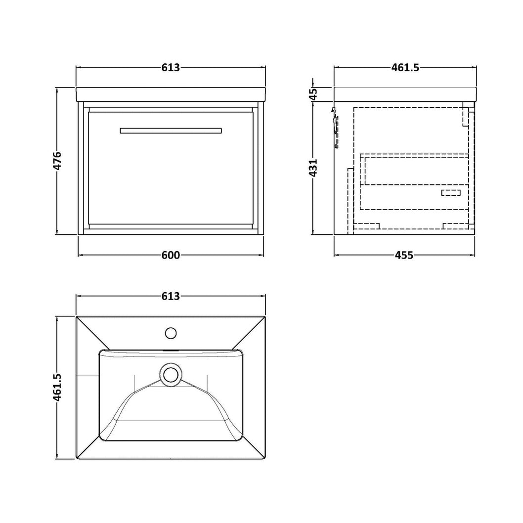Hudson Reed Lille 600mm Wall Hung Single Drawer Vanity With Basin - 1 Tap Hole Contemp Graphite Grey Woodgrain Fireclay,MFC Textured Woodgrain 476x613x462mm - JJ Building Materials