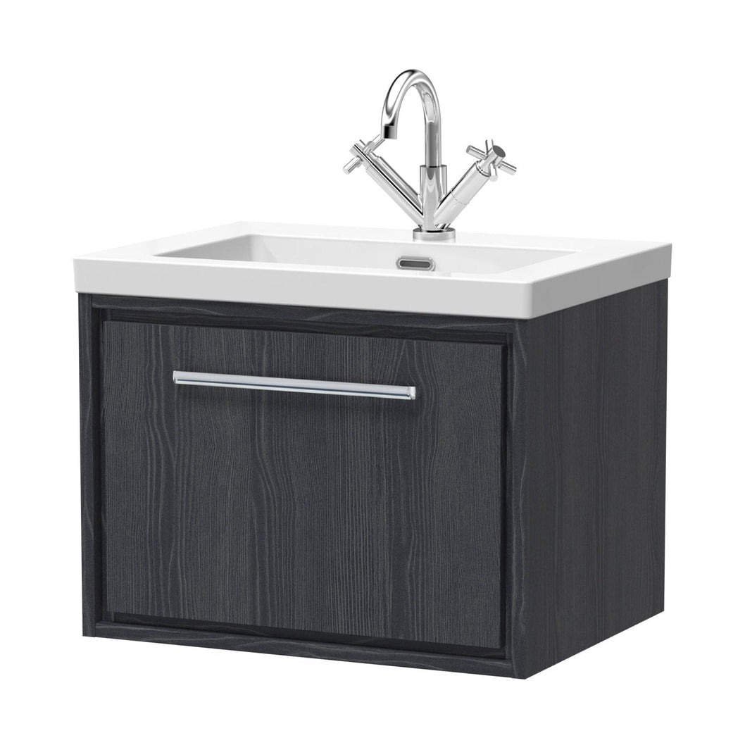 Hudson Reed Lille 600mm Wall Hung Single Drawer Vanity With Basin - 1 Tap Hole Contemp Graphite Grey Woodgrain Fireclay,MFC Textured Woodgrain 476x613x462mm - JJ Building Materials