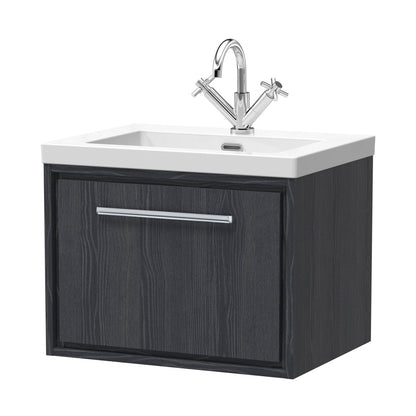 Hudson Reed Lille 600mm Wall Hung Single Drawer Vanity With Basin - 1 Tap Hole Contemp Graphite Grey Woodgrain Fireclay,MFC Textured Woodgrain 476x613x462mm - JJ Building Materials