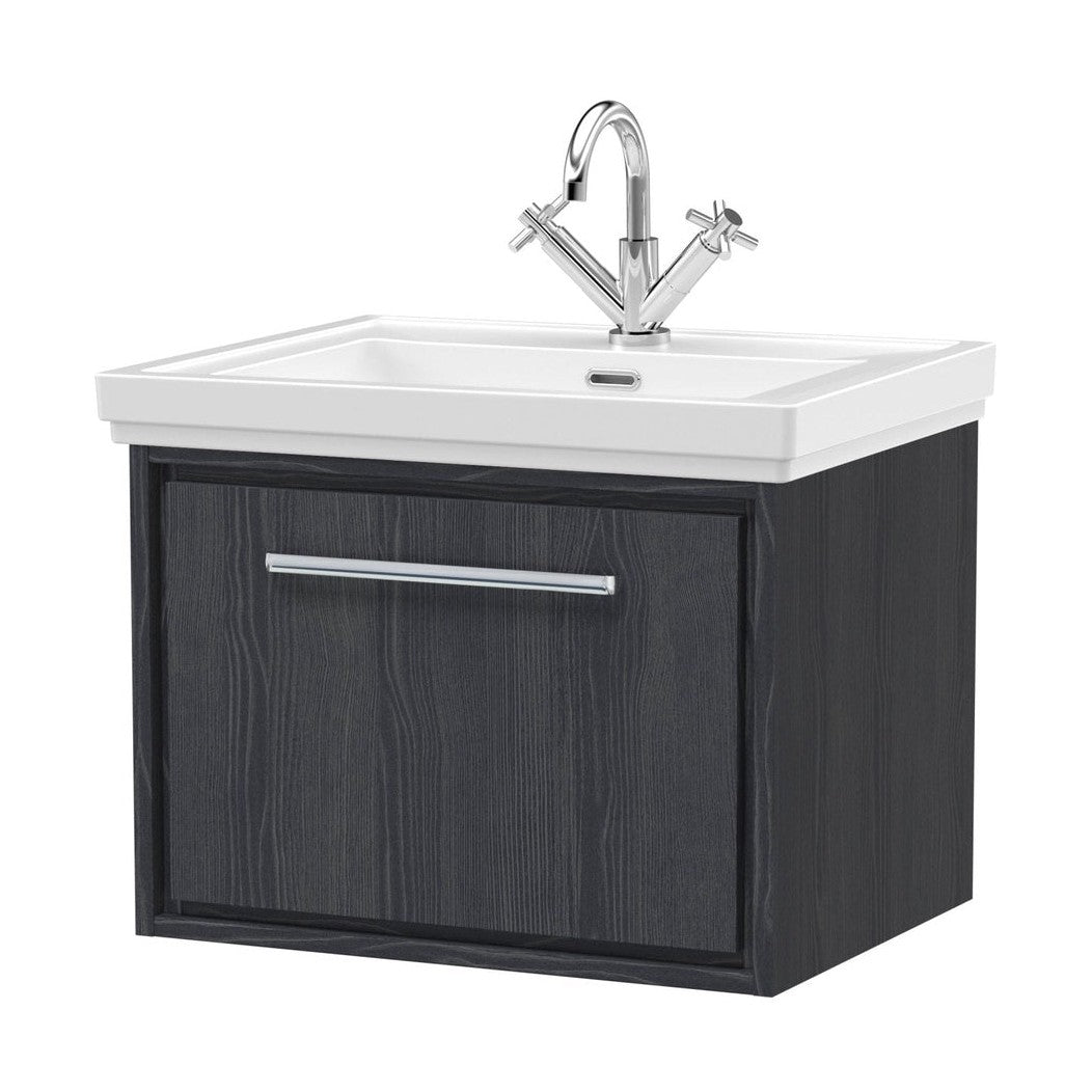 Hudson Reed Lille 600mm Wall Hung Single Drawer Vanity With Basin - 1 Tap Hole Contemp Graphite Grey Woodgrain Fireclay,MFC Textured Woodgrain 497x630x471mm - JJ Building Materials
