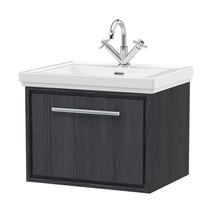Hudson Reed Lille 600mm Wall Hung Single Drawer Vanity With Basin - 1 Tap Hole Contemp Graphite Grey Woodgrain Fireclay,MFC Textured Woodgrain 497x630x471mm - JJ Building Materials