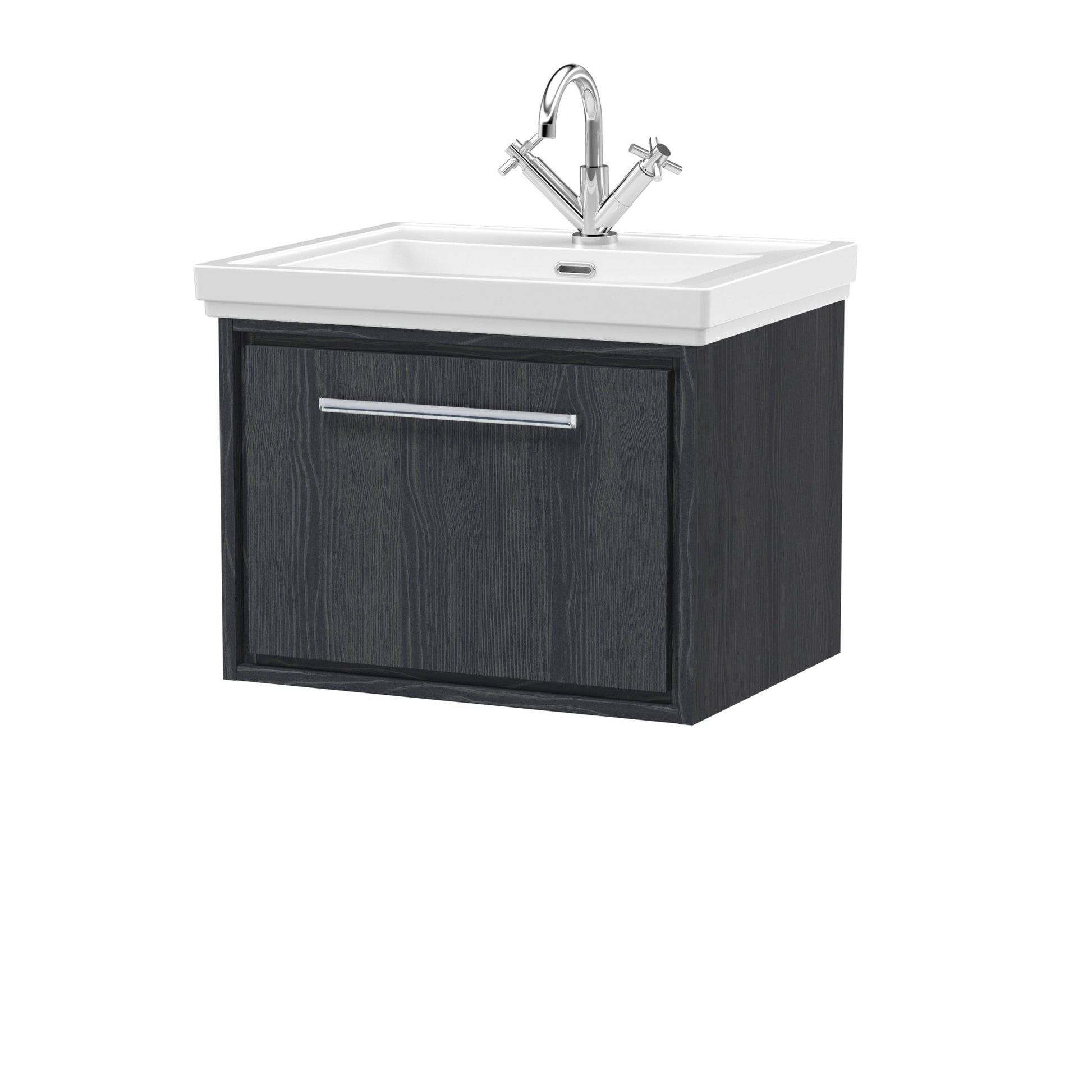 Hudson Reed Lille 600mm Wall Hung Single Drawer Vanity With Basin - 1 Tap Hole Contemp Graphite Grey Woodgrain Fireclay,MFC Textured Woodgrain 497x630x471mm - JJ Building Materials