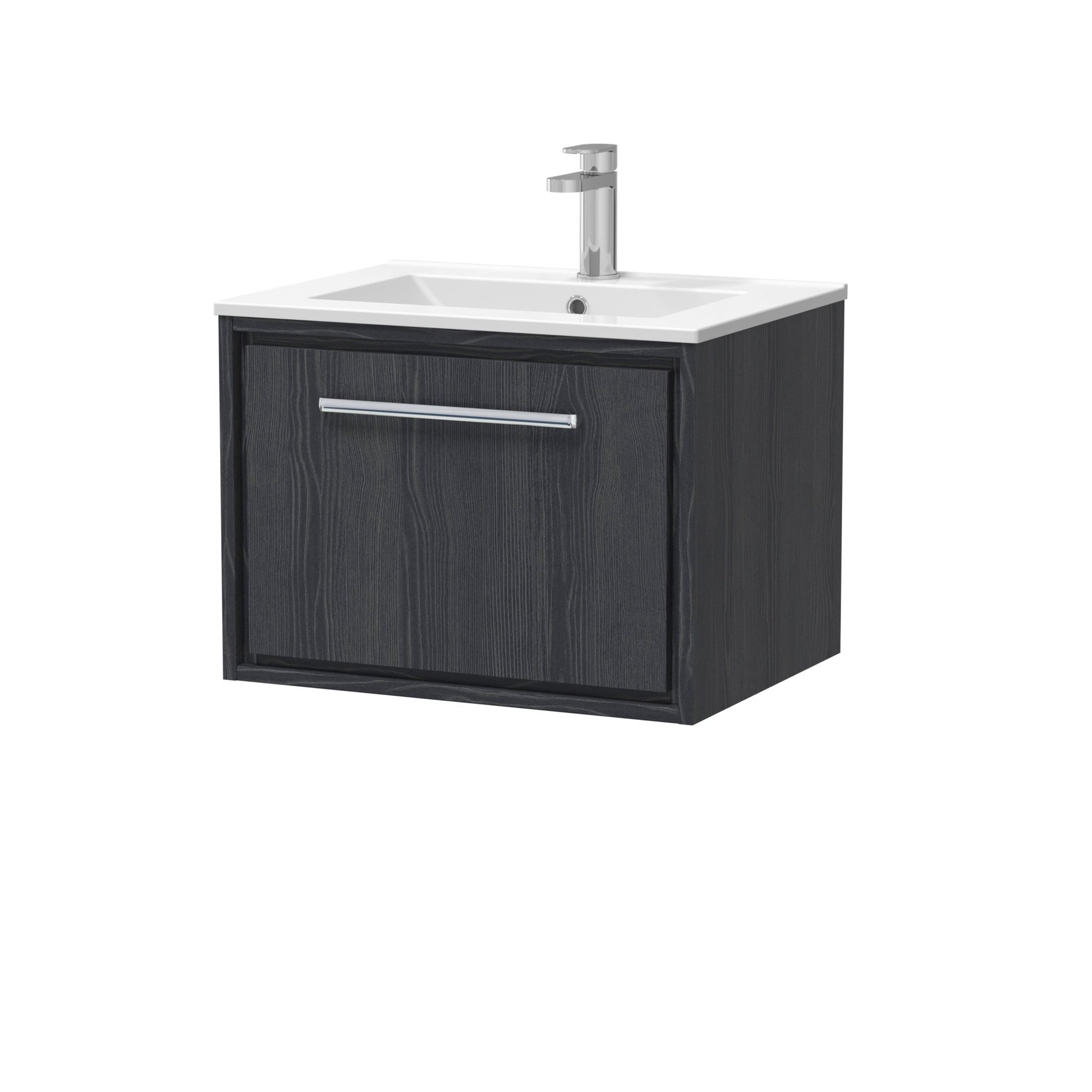 Hudson Reed Lille 600mm Wall Hung Single Drawer Vanity With Basin - 1 Tap Hole Contemp Graphite Grey Woodgrain MFC Textured Woodgrain,vitreous China 449x605x460mm - JJ Building Materials