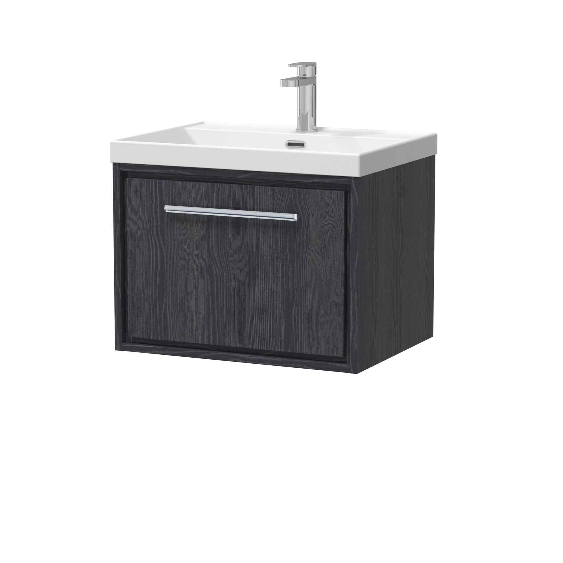 Hudson Reed Lille 600mm Wall Hung Single Drawer Vanity With Basin - 1 Tap Hole Contemp Graphite Grey Woodgrain MFC Textured Woodgrain,vitreous China 481x610x460mm - JJ Building Materials