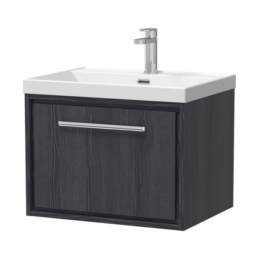 Hudson Reed Lille 600mm Wall Hung Single Drawer Vanity With Basin - 1 Tap Hole Contemp Graphite Grey Woodgrain MFC Textured Woodgrain,vitreous China 481x610x460mm - JJ Building Materials