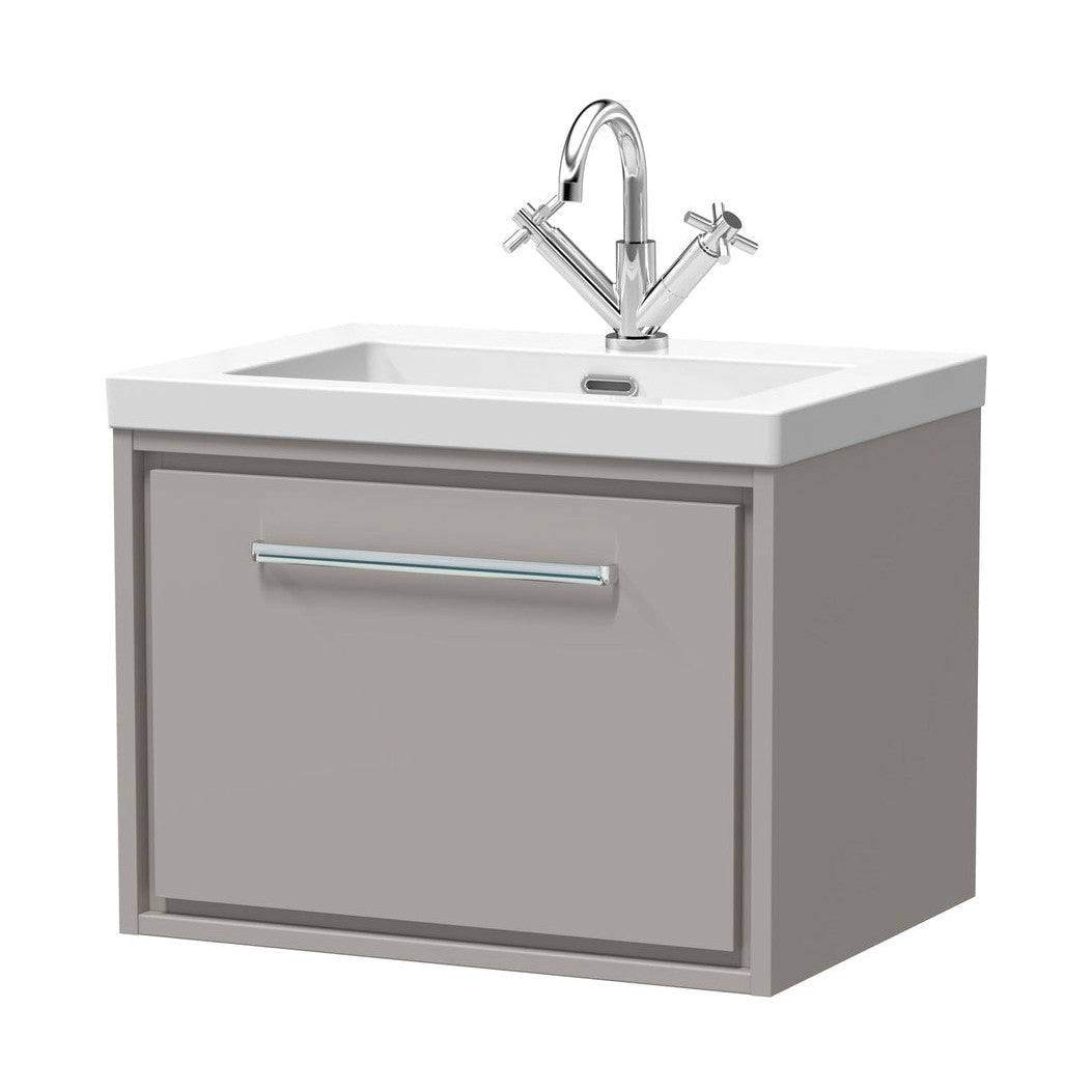 Hudson Reed Lille 600mm Wall Hung Single Drawer Vanity With Basin - 1 Tap Hole Contemp Pebble Grey Fireclay,MFC Smooth Matt 476x613x462mm - JJ Building Materials