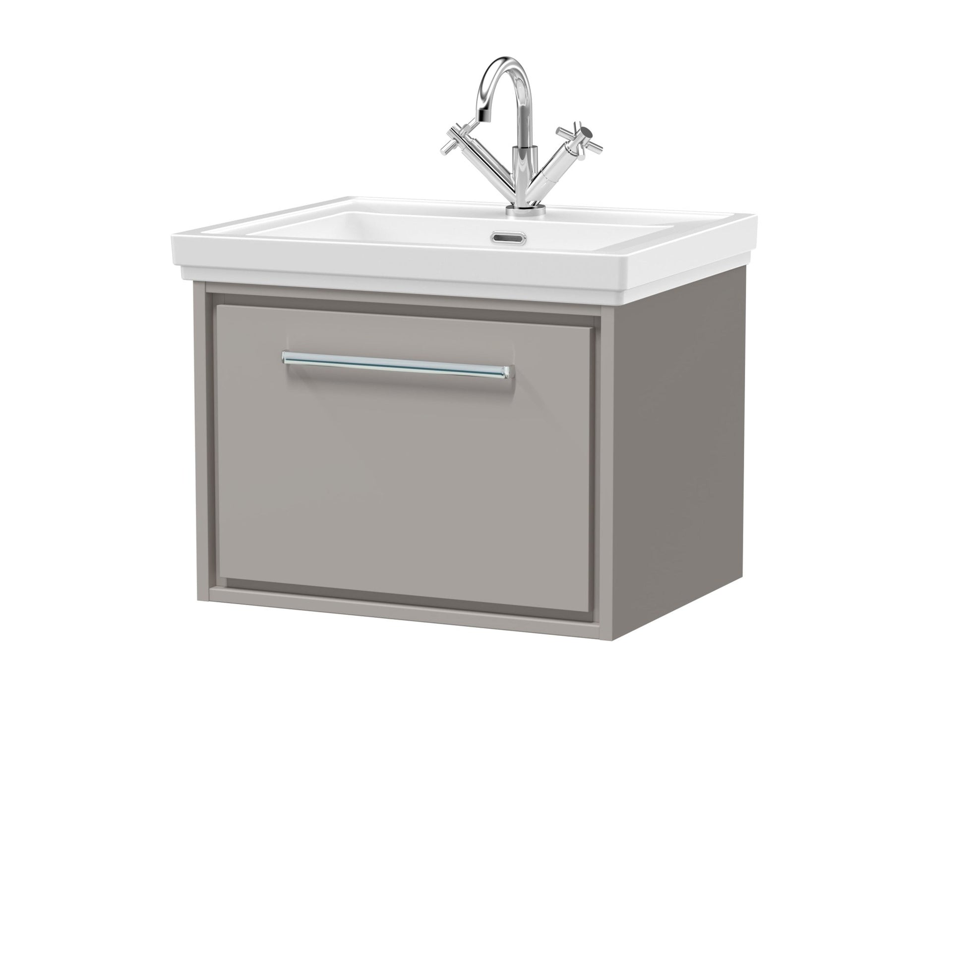 Hudson Reed Lille 600mm Wall Hung Single Drawer Vanity With Basin - 1 Tap Hole Contemp Pebble Grey Fireclay,MFC Smooth Matt 497x630x471mm - JJ Building Materials
