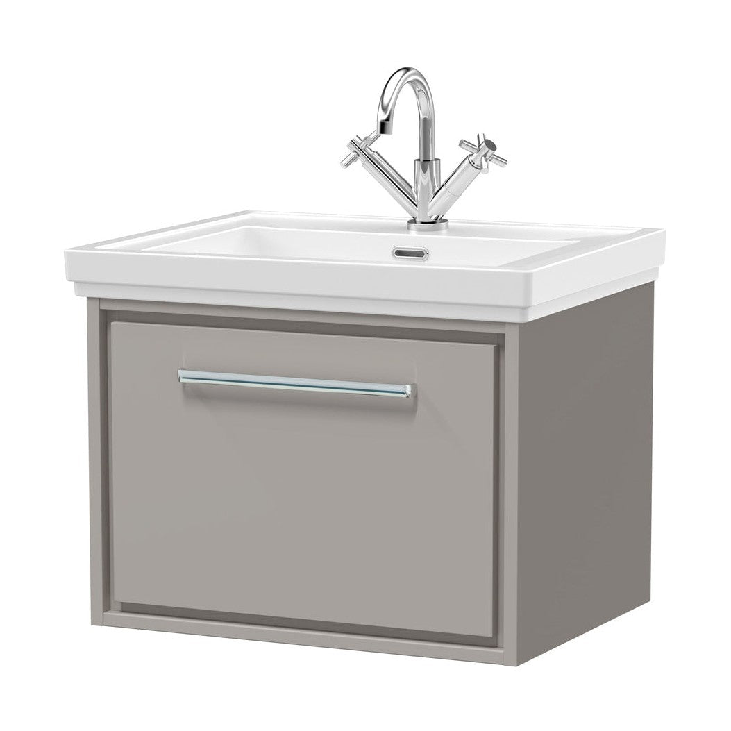 Hudson Reed Lille 600mm Wall Hung Single Drawer Vanity With Basin - 1 Tap Hole Contemp Pebble Grey Fireclay,MFC Smooth Matt 497x630x471mm - JJ Building Materials