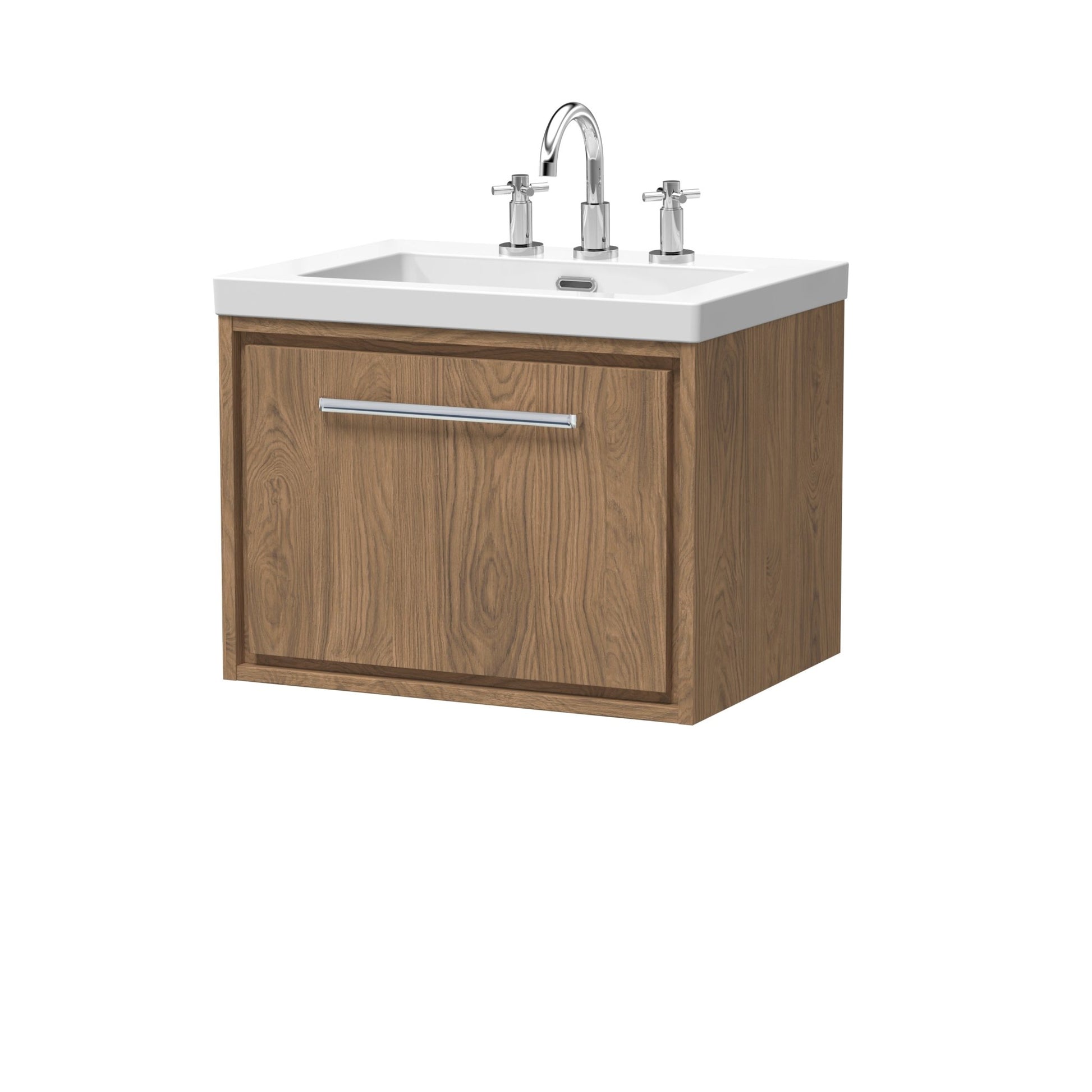 Hudson Reed Lille 600mm Wall Hung Single Drawer Vanity With Basin - 3 Tap Hole Contemp Antique Oak Fireclay,MFC Textured Woodgrain 476x613x462mm - JJ Building Materials