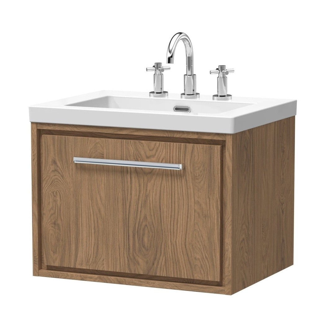 Hudson Reed Lille 600mm Wall Hung Single Drawer Vanity With Basin - 3 Tap Hole Contemp Antique Oak Fireclay,MFC Textured Woodgrain 476x613x462mm - JJ Building Materials