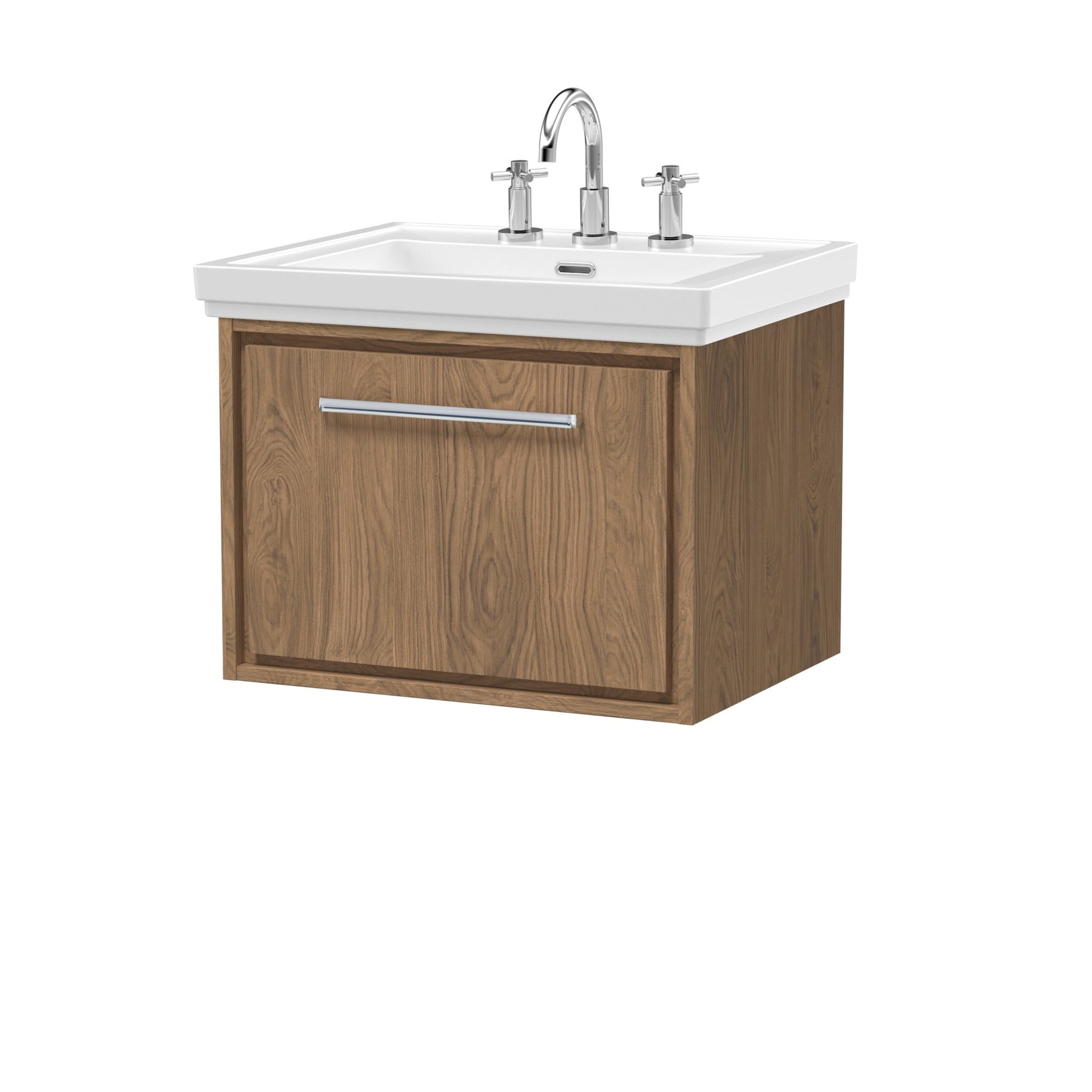 Hudson Reed Lille 600mm Wall Hung Single Drawer Vanity With Basin - 3 Tap Hole Contemp Antique Oak Fireclay,MFC Textured Woodgrain 497x630x471mm - JJ Building Materials