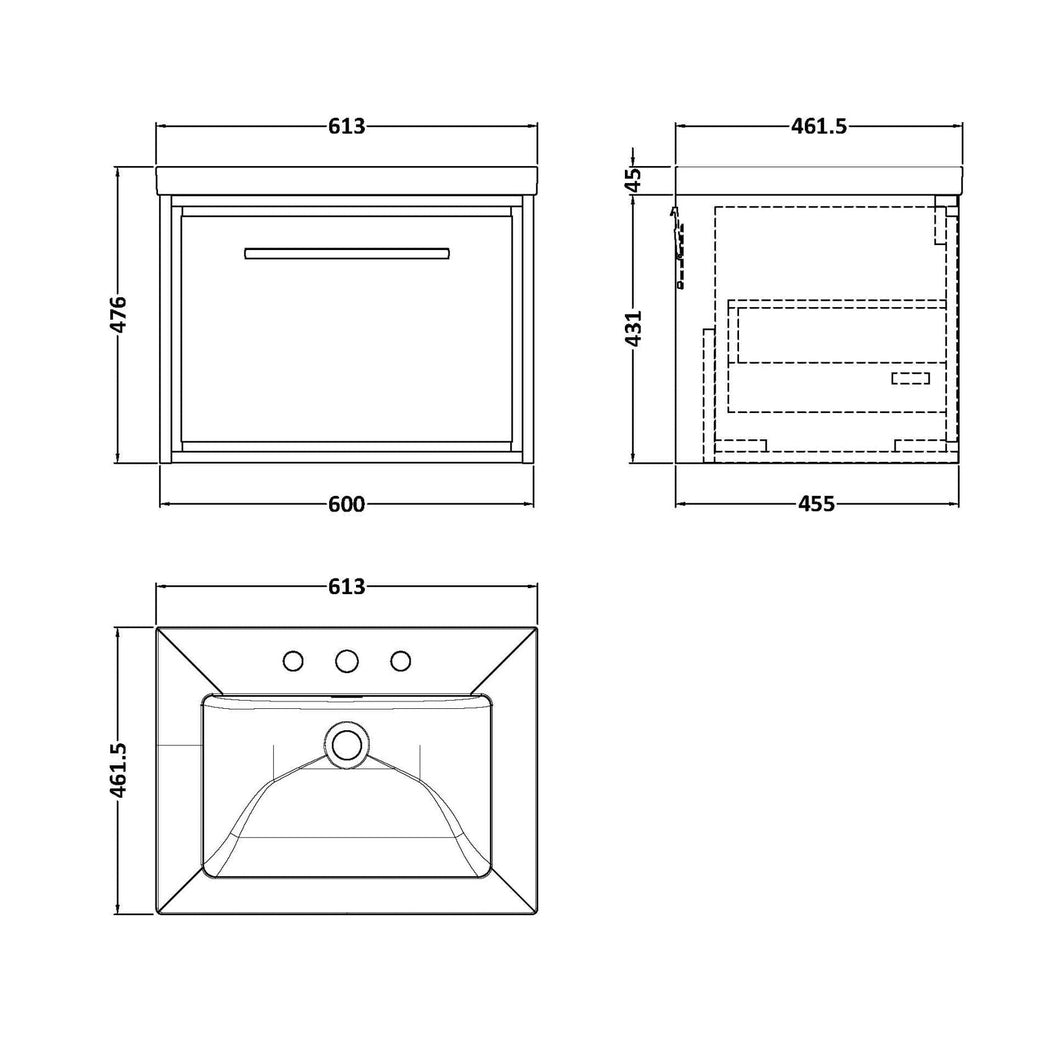 Hudson Reed Lille 600mm Wall Hung Single Drawer Vanity With Basin - 3 Tap Hole Contemp Bleached Oak Fireclay,MFC Textured Woodgrain 476x613x462mm - JJ Building Materials