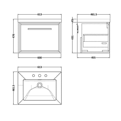 Hudson Reed Lille 600mm Wall Hung Single Drawer Vanity With Basin - 3 Tap Hole Contemp Bleached Oak Fireclay,MFC Textured Woodgrain 476x613x462mm - JJ Building Materials