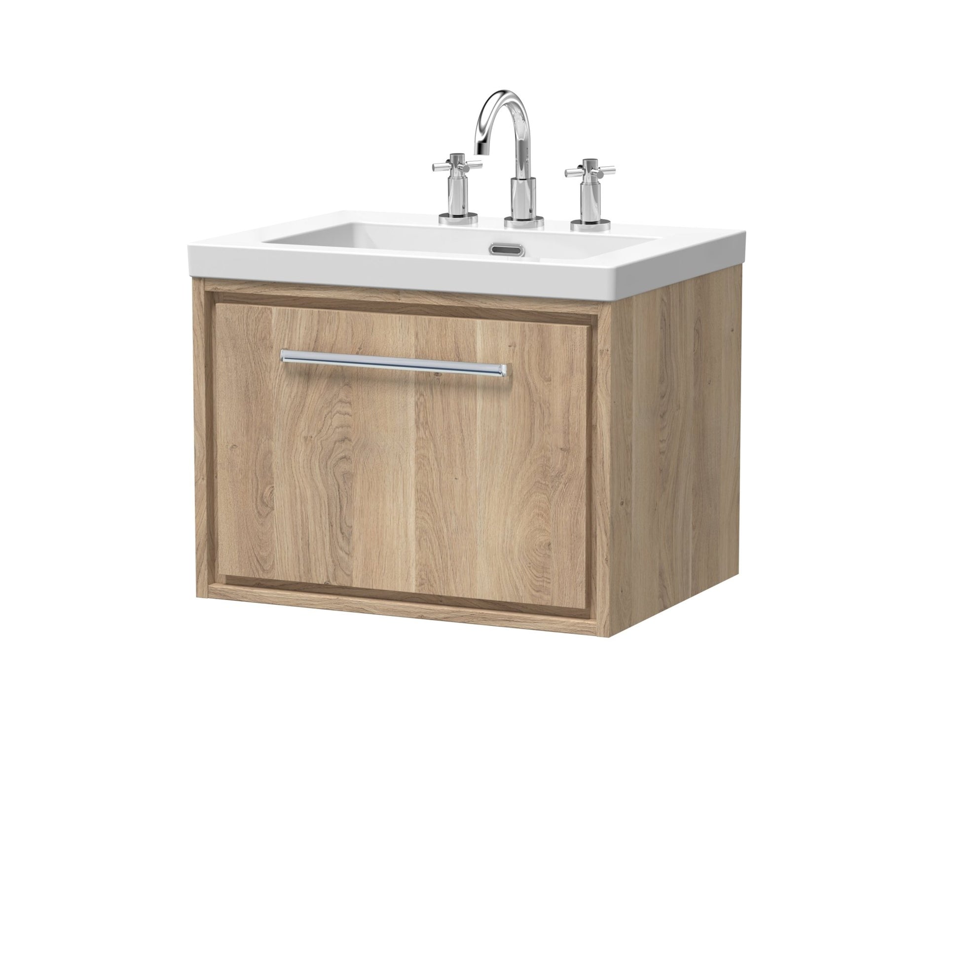 Hudson Reed Lille 600mm Wall Hung Single Drawer Vanity With Basin - 3 Tap Hole Contemp Bleached Oak Fireclay,MFC Textured Woodgrain 476x613x462mm - JJ Building Materials